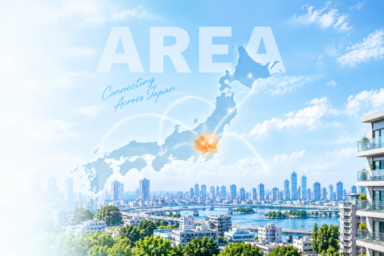 日本地図と都市風景を組み合わせた対応エリアのビジュアル